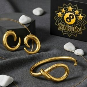 18K Gold Plated Sculptural Earrings Cuff Bracelet Set | Bold Minimalist Chic